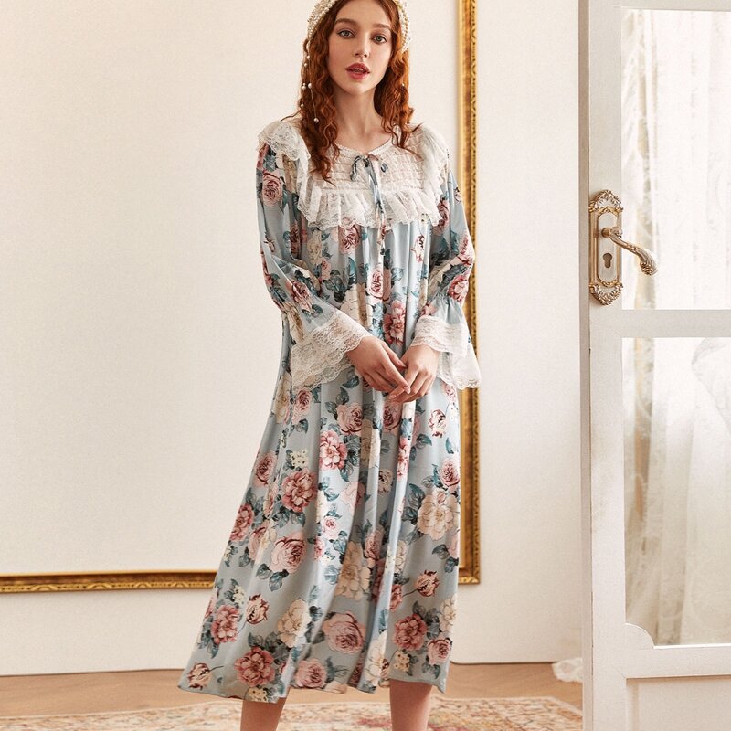 

Lace Panel Floral Print Flounce Sleeve Night Dress, Multicolor