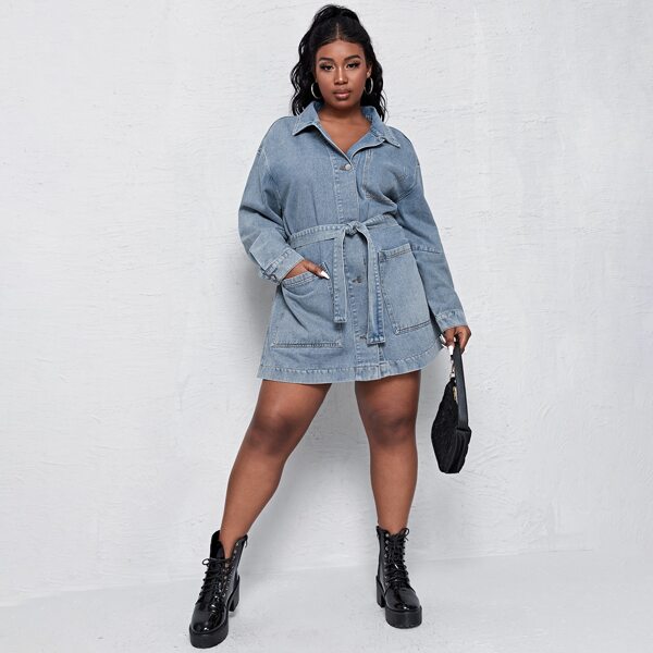 

Plus Pocket Front Drop Shoulder Self Belted Denim Jacket, Light wash
