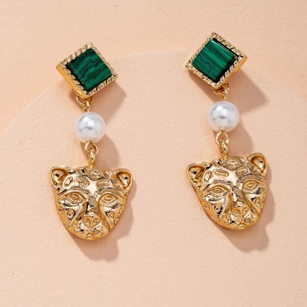 

Faux Pearl Decor Leopard Drop Earrings, Gold