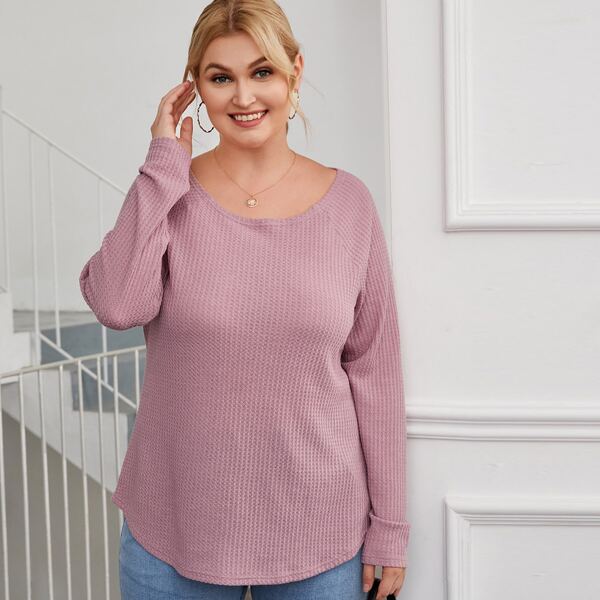 

Plus Curved Hem Waffle Knit Tee, Pink