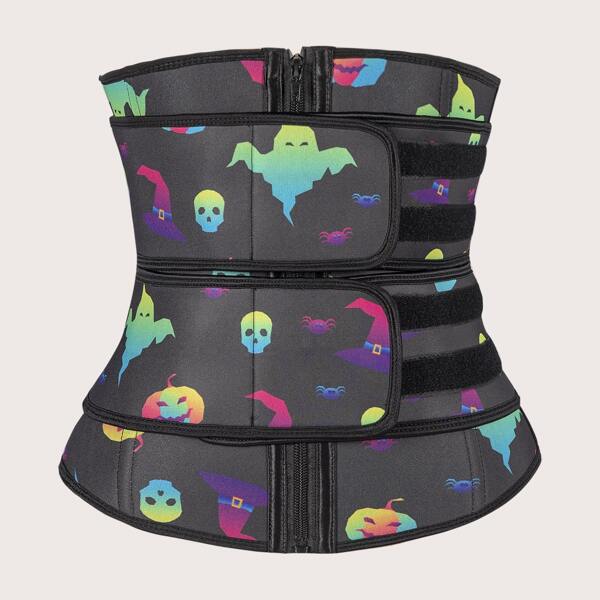 

Plus Halloween Graphic Zip-up Waist Trainer, Black