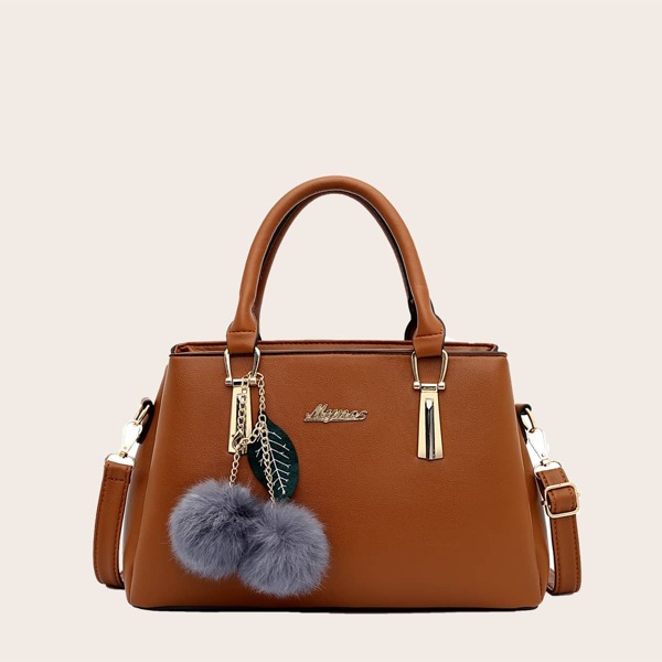 

Pom-pom & Leaf Charm Tote Bag, Brown