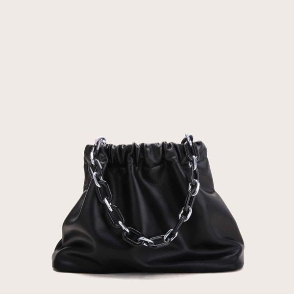 

Ruched Chain Satchel Bag, Black