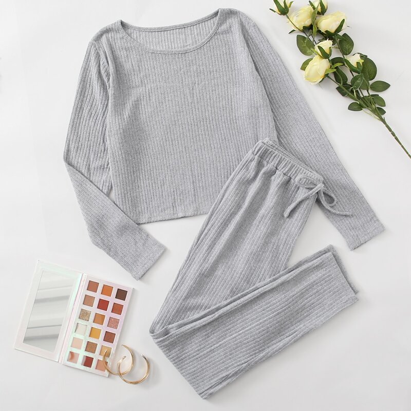 

Rib-knit Tee & Knot Front Pants Lounge Set, Light grey