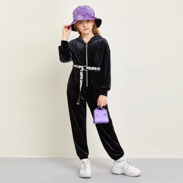 

Girls Letter Tape Belted Zip Front Hooded Velvet Jumpsuit, Black