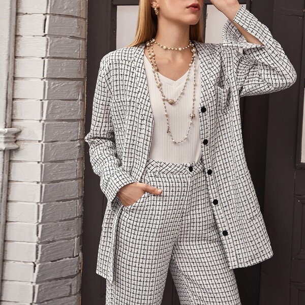 

Pocket Patched Button Up Tweed Coat, Black and white