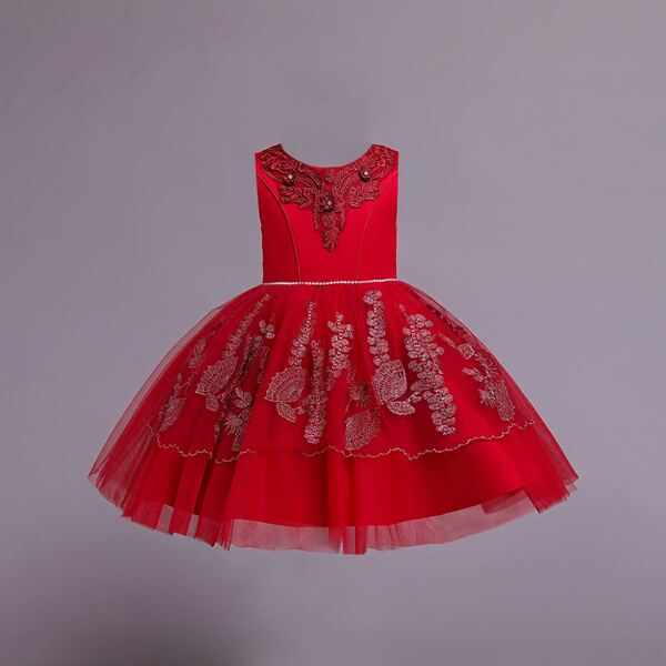 

Toddler Girls Floral Embroidery Bow Back Gown Dress, Red