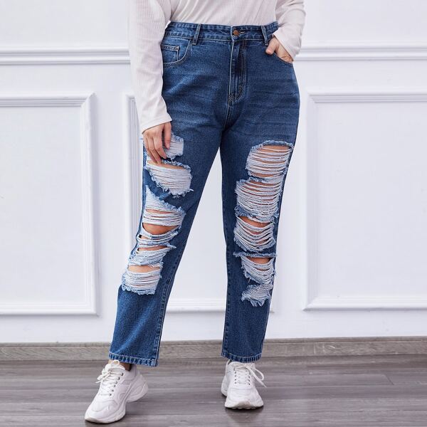 

Plus Ripped Detail Mom Jeans, Medium wash