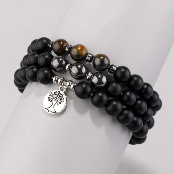 

3pcs Men Tree Decor Beaded Bracelet, Black
