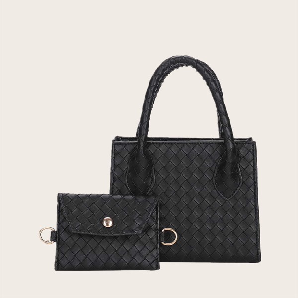 

Braided Embossed Satchel Bag With Crossbody Bag, Black