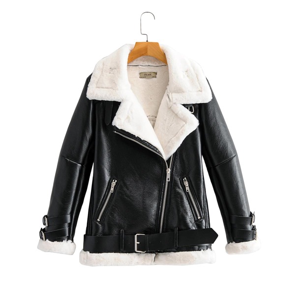 

PU Leather Sherpa Lined Belted Moto Jacket, Black