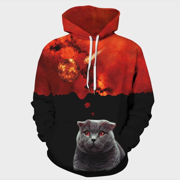 

Men Colorblock Cat Print Kangaroo Pocket Hoodie, Multicolor