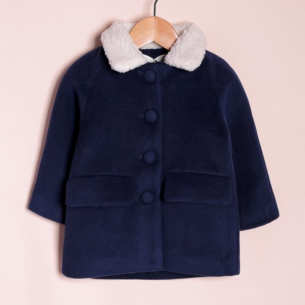 

Toddler Girls Raglan Sleeve Single-breasted Overcoat With Borg Collar, Navy blue