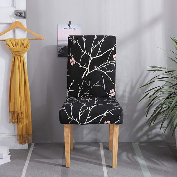

Flower Print Stretchy Chair Cover, Black