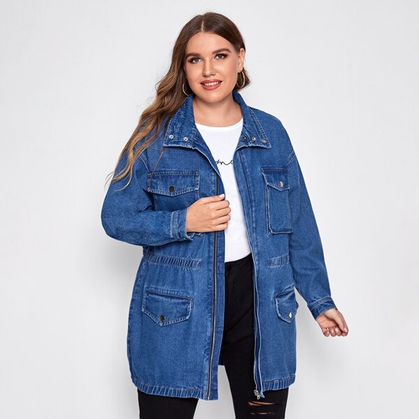 

Plus Flap Pocket Zipper Up Denim Jacket, Medium wash
