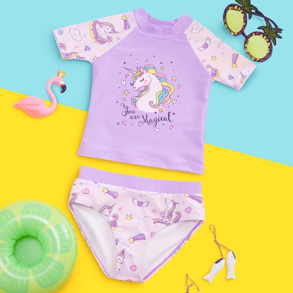 

Toddler Girls Unicorn & Letter Graphic Bikini Swimsuit, Pastel lilac purple