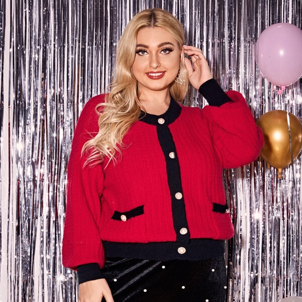 

Plus Button Front Drop Shoulder Dual Pocket Cardigan, Red