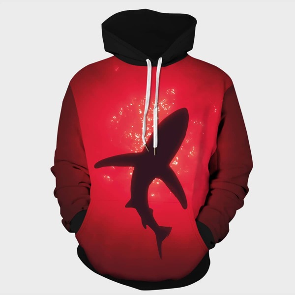 

Men Shark & Letter Graphic Pocket Hoodie, Burgundy