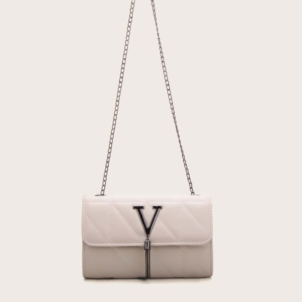 

Metal Tassel Decor Stitch Detail Crossbody Bag, White