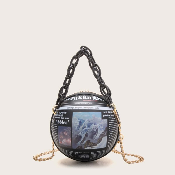

Newspaper Pattern Chain Box Bag, Multicolor