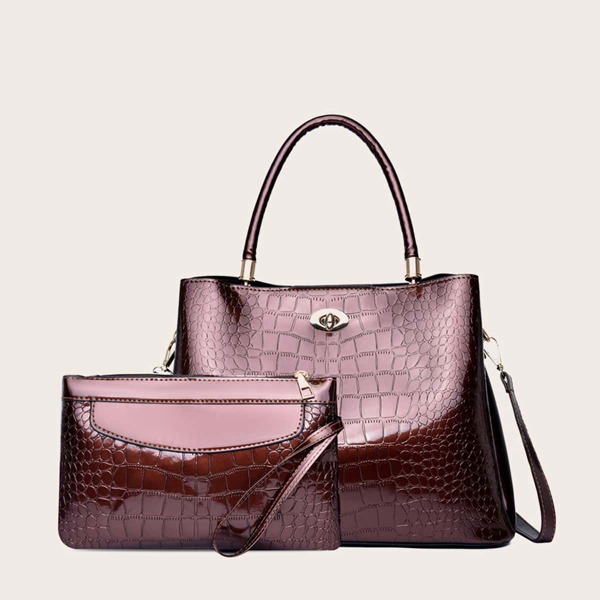 

Croc Embossed Tote Bag With Wristlet Bag, Brown