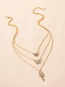 Rhinestone Heart Layered Necklace - Yellow Gold - View 2
