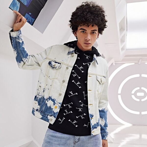 

Men Tie Dye Button Up Denim Jacket, Beige