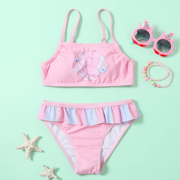 

Girls Shell Print Ruffle Hem Bikini Swimsuit, Pink