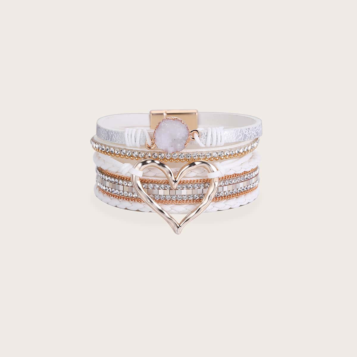 

Rhinestone Heart Layered Bracelet, White