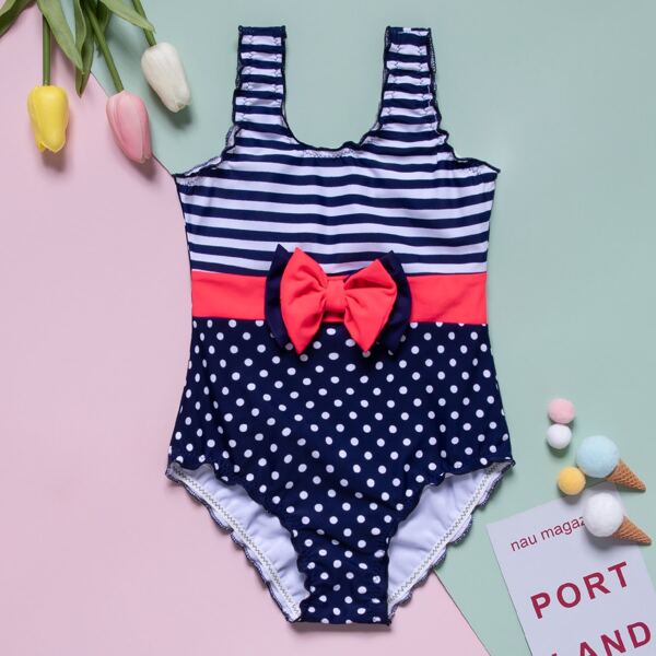 

Toddler Girls Polka Dot & Striped One Piece Swimsuit, Navy blue