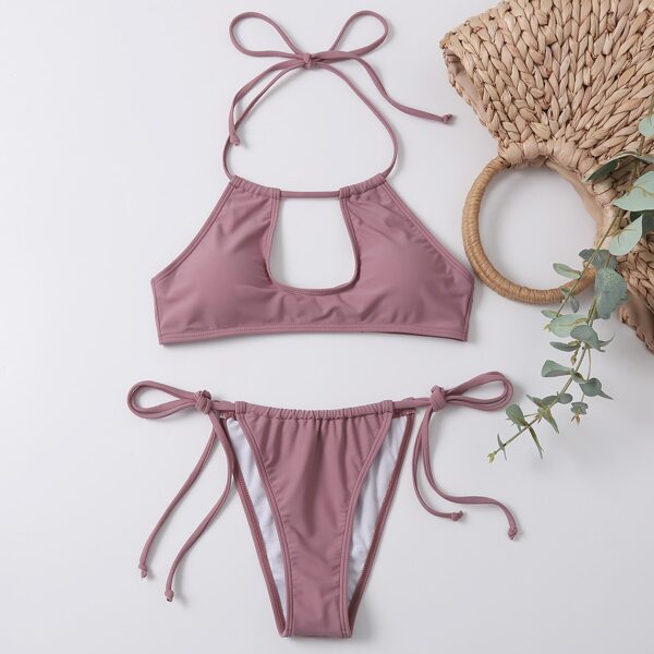

Cut-out Tie Side Thong Bikini Swimsuit, Dusty purple
