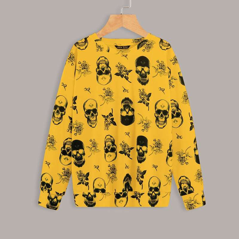 

Skull And Floral Print Sweatshirt, Yellow