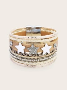 1 件波西米亞風格多層星星設計水鑽鑲嵌編織手鍊 - 杏色 - 查看 1