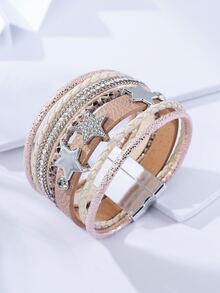 1 件波西米亞風格多層星星設計水鑽鑲嵌編織手鍊 - 杏色 - 查看 3