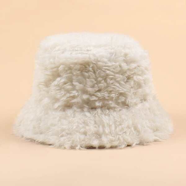 

Plain Furry Bucket Hat, Beige