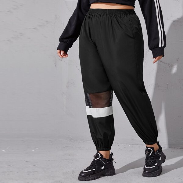

Plus Contrast Mesh Colorblock Sports Pants, Black