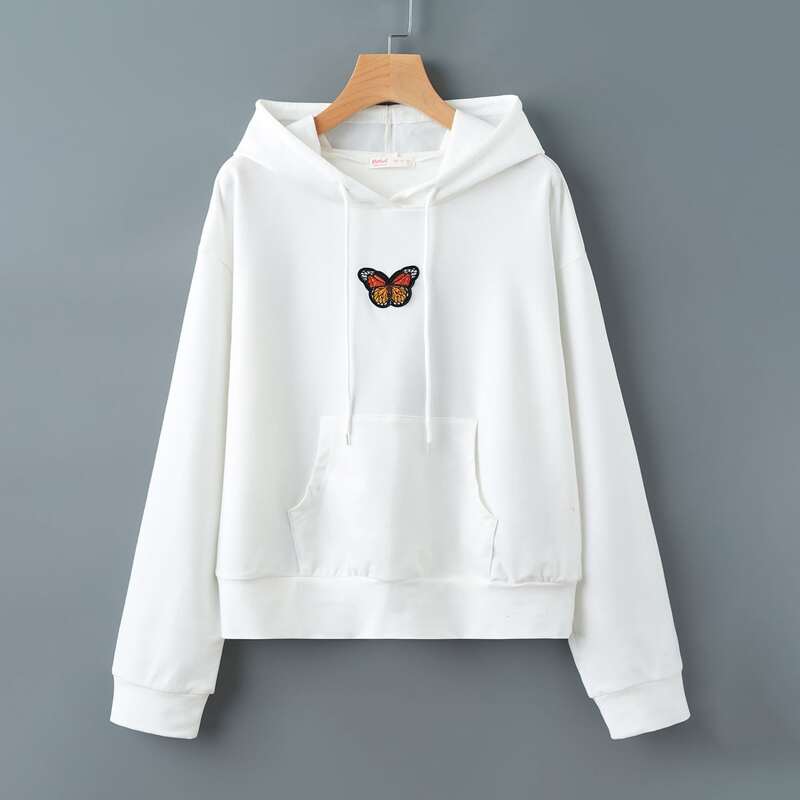 

Kangaroo Pocket Embroidery Butterfly Hoodie, White