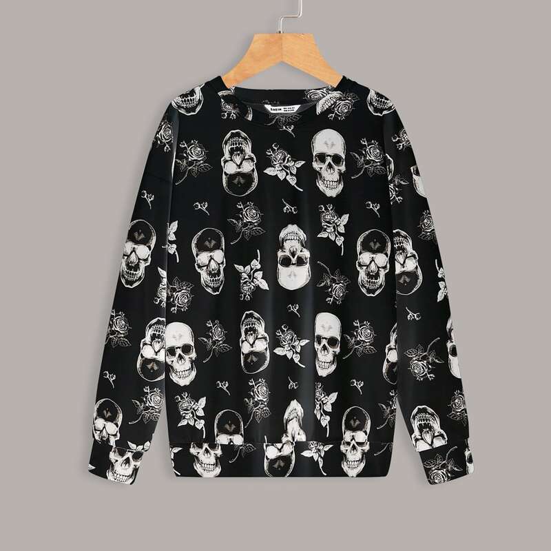 

Skull And Floral Print Sweatshirt, Black