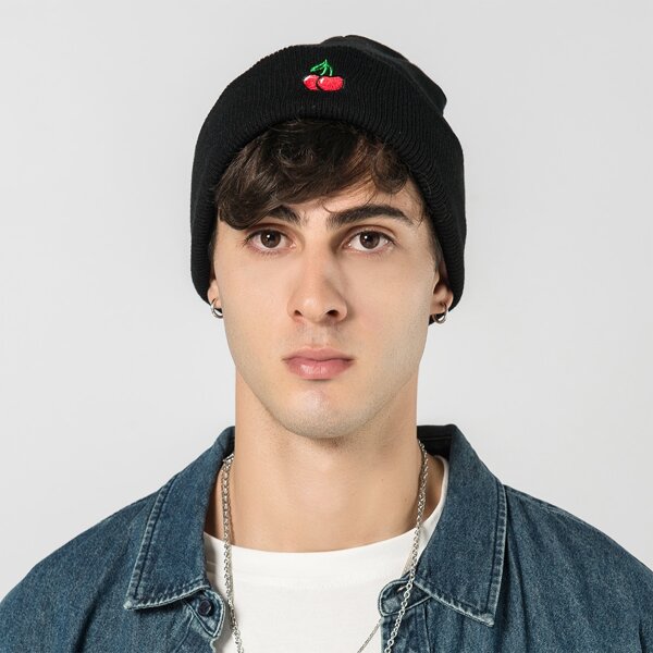 

Men Cherry Embroidery Knit Beanie, Black