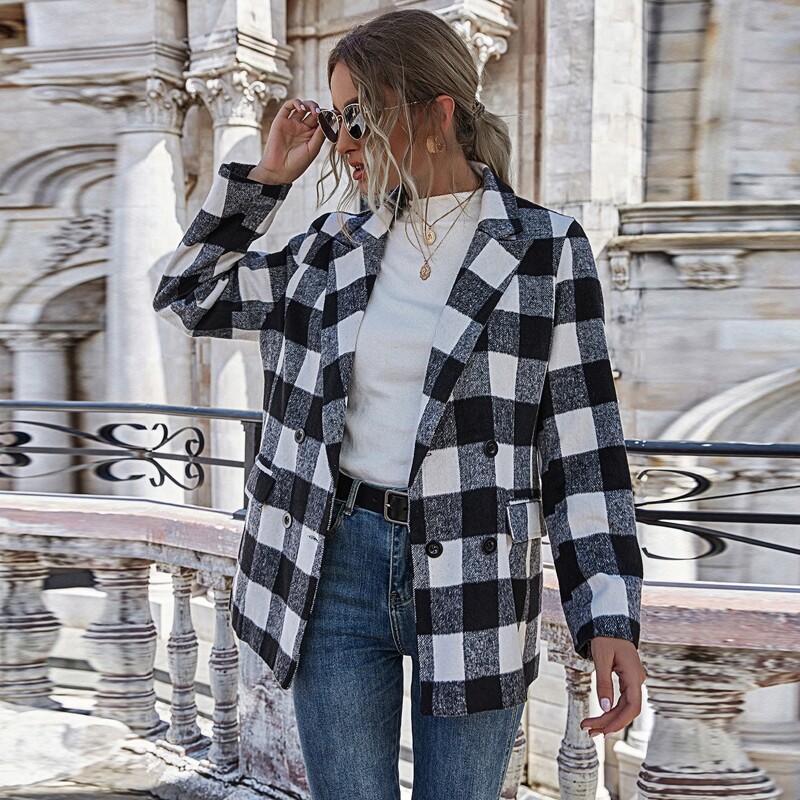 

Buffalo Plaid Double Breasted Blazer, Black and white