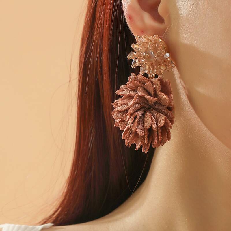 

Crystal Decor Cloth Flower Drop Earrings, Coffee brown