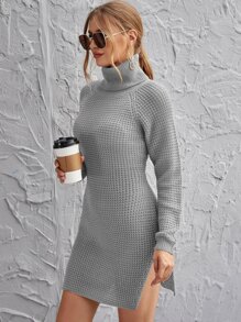Rolled Neck Raglan Sleeve Split Side Jumper Dress - Grey - View 3