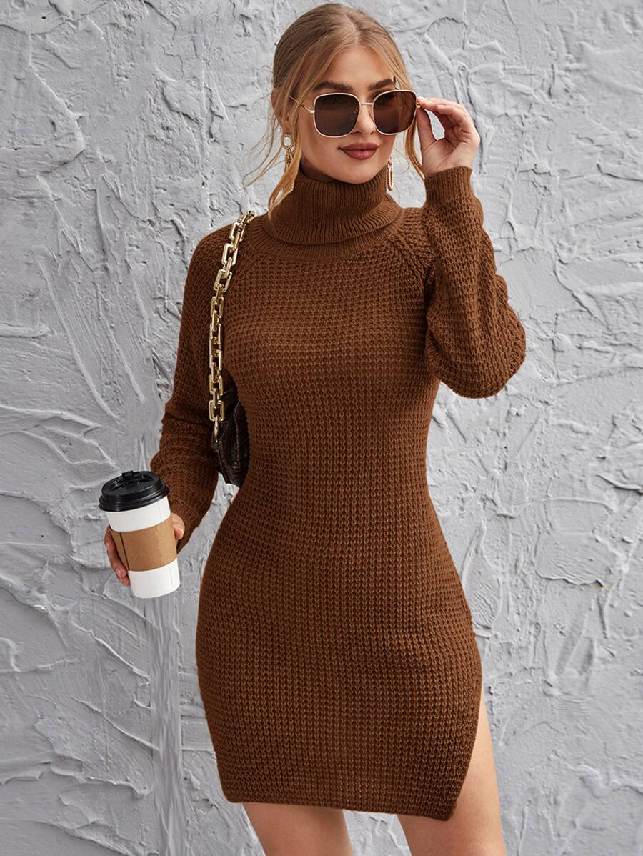 Rolled Neck Raglan Sleeve Split Side Sweater Dress - Coffee Brown - View 1