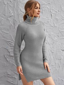 Rolled Neck Raglan Sleeve Split Side Jumper Dress - Grey - View 5