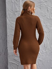 Rolled Neck Raglan Sleeve Split Side Sweater Dress - Coffee Brown - View 2