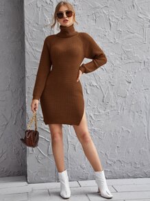 Rolled Neck Raglan Sleeve Split Side Sweater Dress - Coffee Brown - View 4