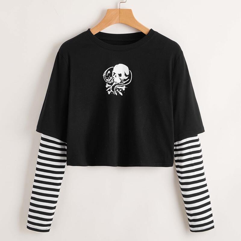 

Skull Graphic Striped Sleeve Tee, Black and white