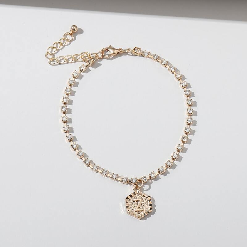 

Rhinestone Letter Engraved Anklet, Gold
