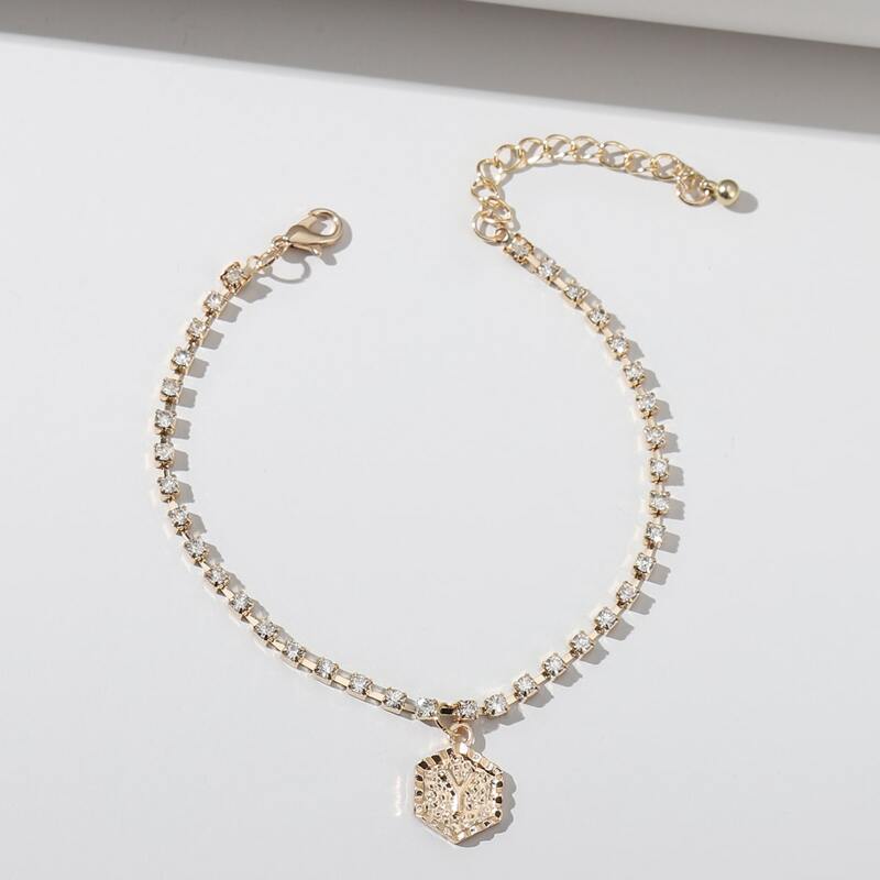 

Rhinestone Letter Engraved Anklet, Gold