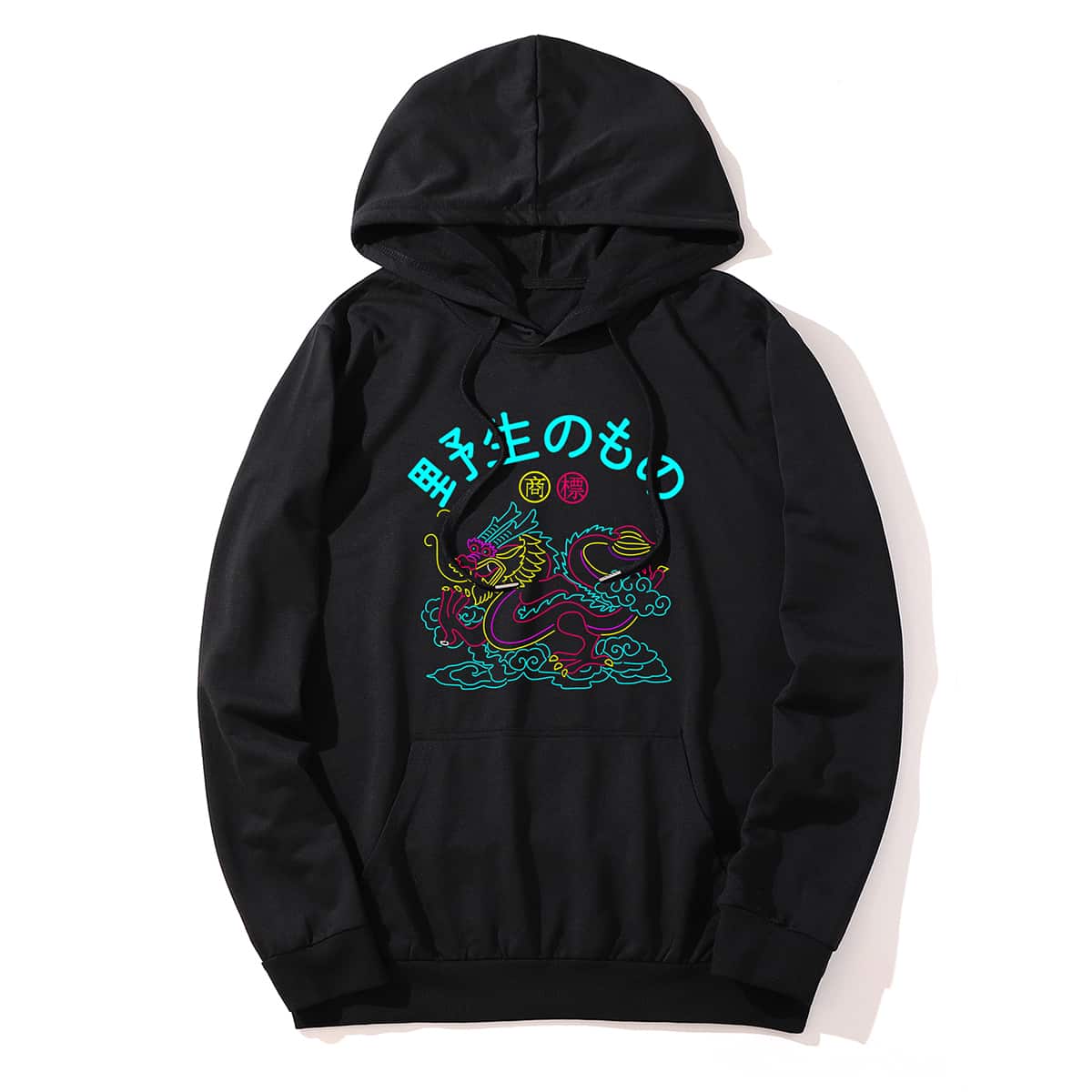 

Guys Japanese Letter Chinese Dragon Graphic Hoodie, Black